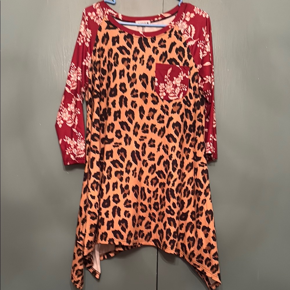 Nuggles Leopard Print women’s shirt with Red Floral Accents